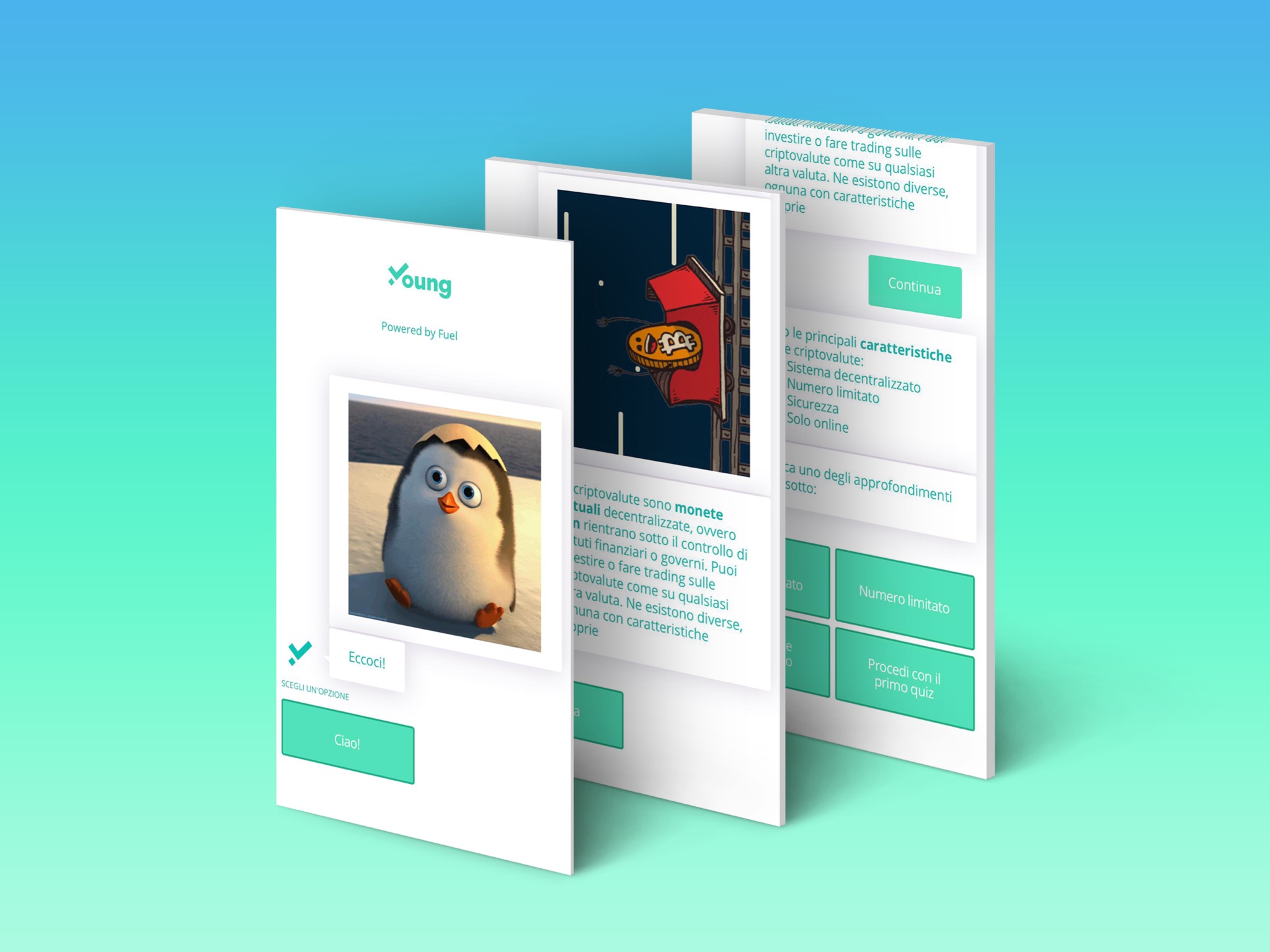 Nakładające się zrzuty ekranu aplikacji mobilnej o tematyce kryptowalut z ilustracją pingwina w skorupce jajka i elementami interfejsu w kolorze turkusowym.