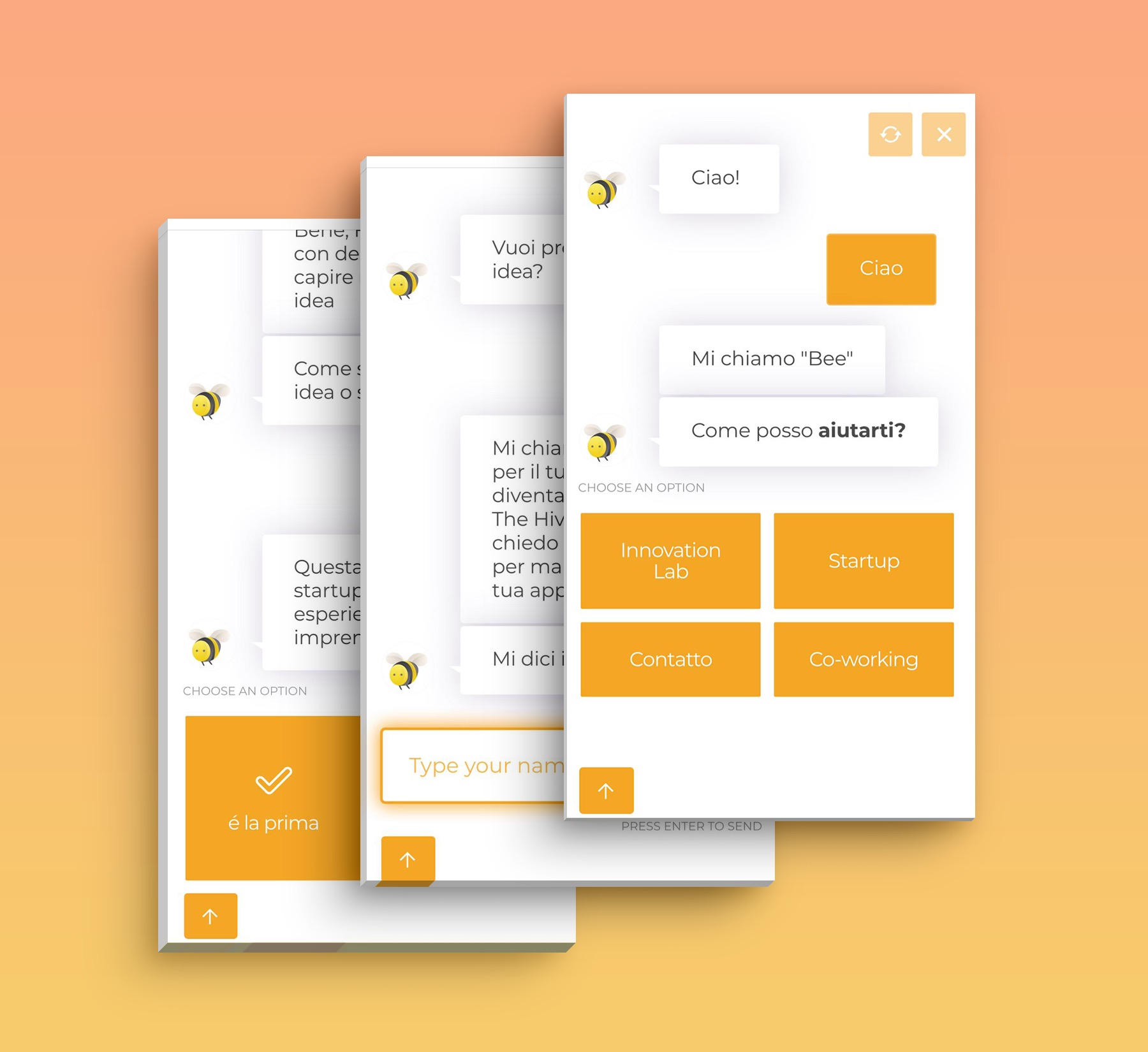 Ilustracja interfejsu aplikacji mobilnej z chatbotem w formie pszczoły, prezentująca dialogi w języku włoskim i opcje wyboru, takie jak 'Innovation Lab', 'Startup', 'Contatto' i 'Co-working'.