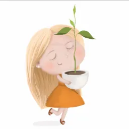 Urocza ilustracja przedstawia blondwłosą dziewczynkę w pomarańczowej sukience, trzymającą białą doniczkę z zieloną sadzonką; delikatne cieniowanie i pastelowa kolorystyka nadają całości subtelny...