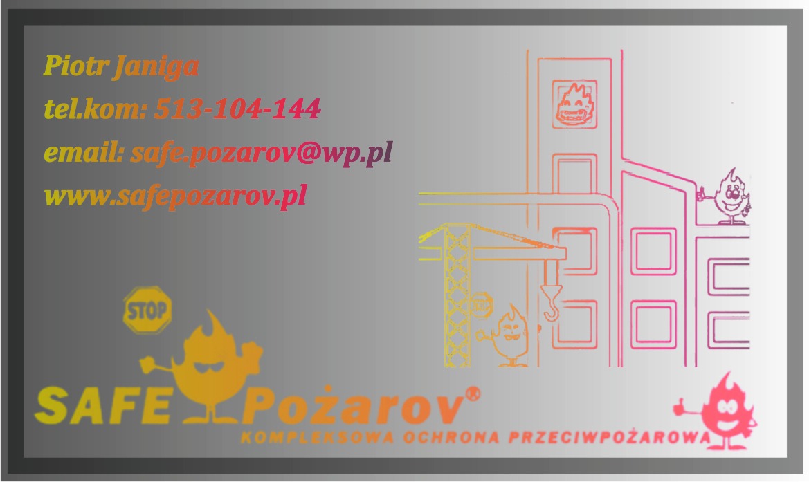 Wizytówka firmy Safe Pozarov z danymi kontaktowymi, logo z płomieniem i hasłem 'Kompleksowa Ochrona Przeciwpożarowa' oraz graficznym przedstawieniem budynku z systemem przeciwpożarowym.