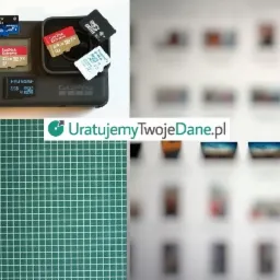 Kamera GoPro z kilkoma kartami microSD różnych producentów (SanDisk, Lexar, Hyundai) ułożonymi na niej, leżąca na zielonej macie do cięcia, w tle rozmazany ekran komputera z miniaturkami zdjęć.