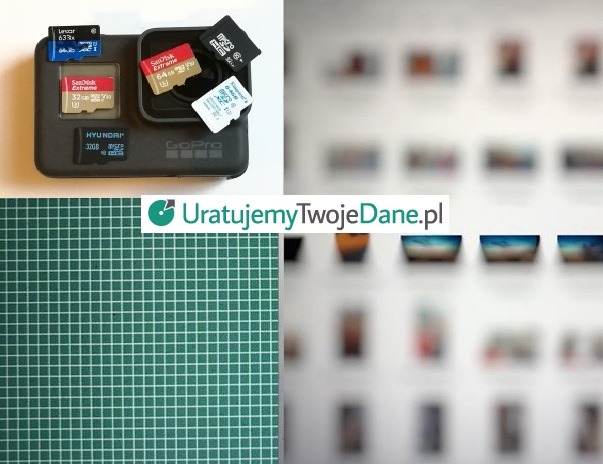 Kamera GoPro z kilkoma kartami microSD różnych producentów (SanDisk, Lexar, Hyundai) ułożonymi na niej, leżąca na zielonej macie do cięcia, w tle rozmazany ekran komputera z miniaturkami zdjęć.