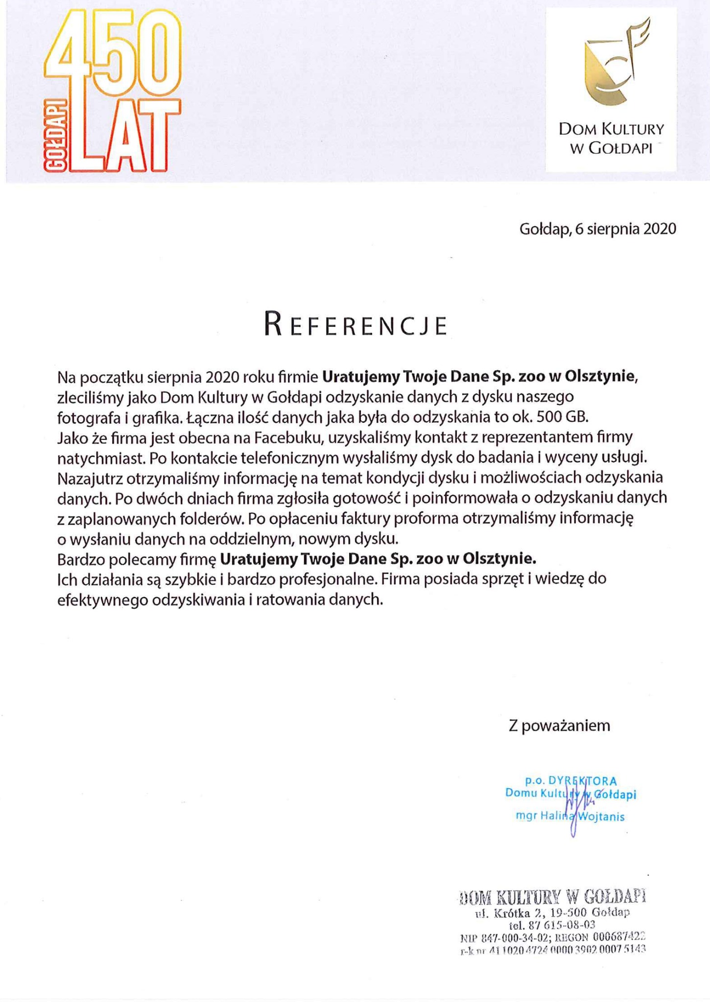 Skan referencji od Domu Kultury w Gołdapi dla firmy Uratujemy Twoje Dane Sp. zoo w Olsztynie, potwierdzający skuteczne odzyskanie 500GB danych fotografa i grafika.