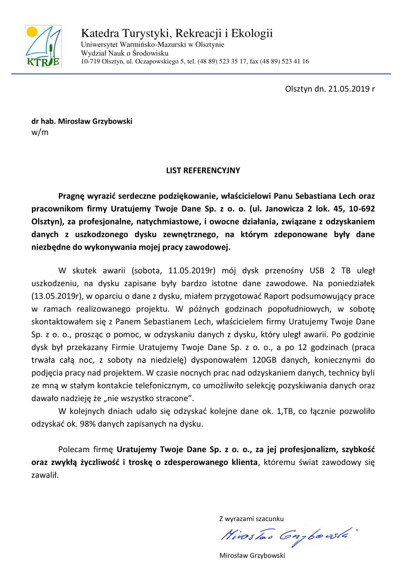 Skan listu referencyjnego od zadowolonego klienta, Mirosława Grzybowskiego, polecającego firmę Uratujemy Twoje Dane Sp. z o. o. za profesjonalne i szybkie odzyskanie danych z uszkodzonego dysku USB...
