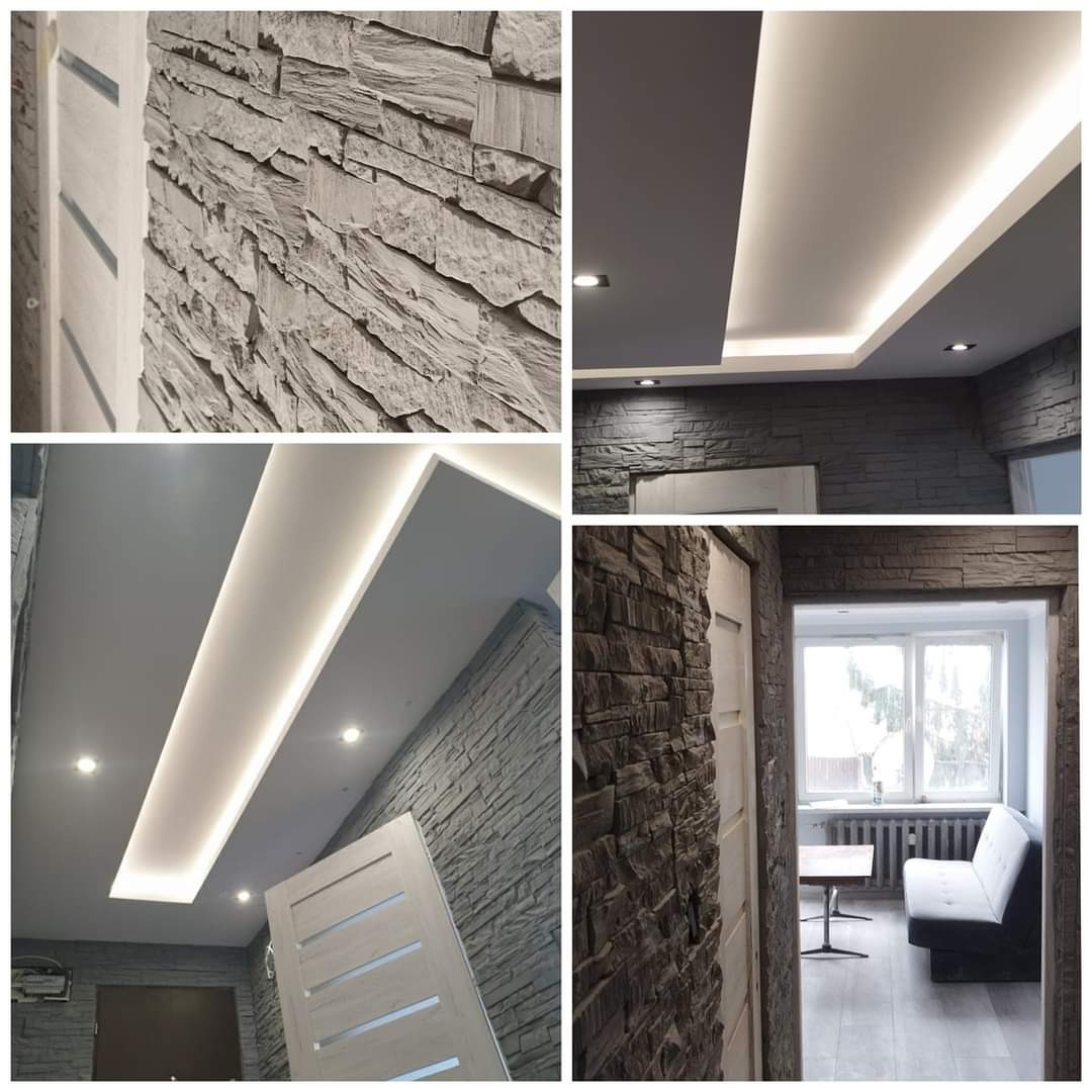 Mozaika zdjęć przedstawiająca fragmenty wnętrza z dekoracyjną ścianą z kamienia elewacyjnego w odcieniach szarości, oświetlenie sufitowe LED oraz widok na pokój z sofą i oknem.