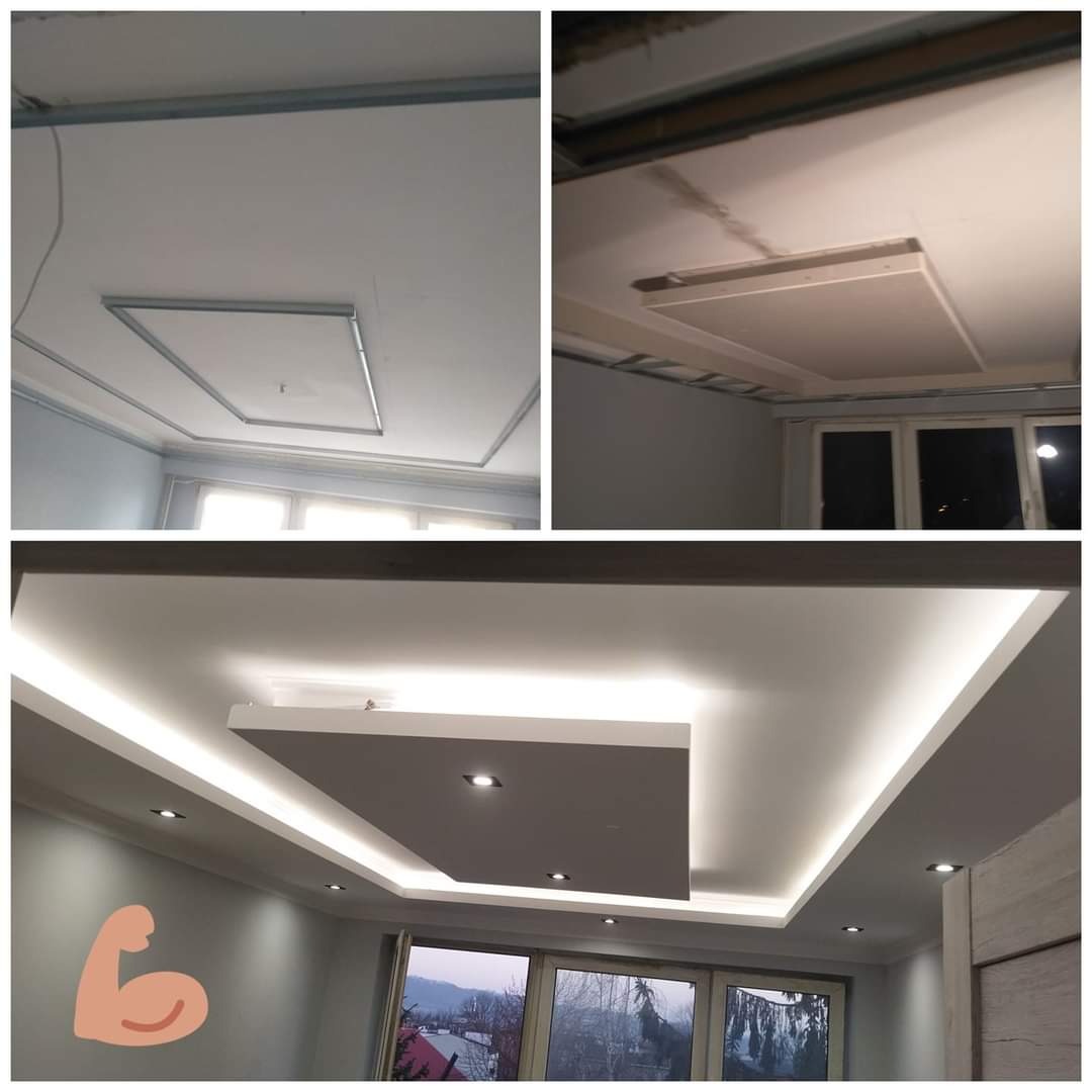 Kolaż przedstawiający sufit podwieszany: w trakcie montażu z widoczną konstrukcją metalową i płytami gipsowymi oraz efekt końcowy z oświetleniem LED i punktowymi lampami.