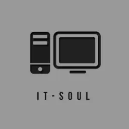 Minimalistyczne logo IT-SOUL przedstawiające stylizowany komputer stacjonarny i monitor na szarym tle.