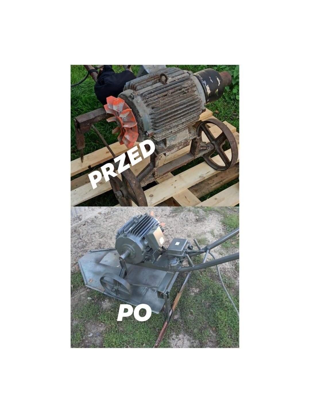 Zdjęcie typu 'przed i po' przedstawiające silnik elektryczny zamontowany na ramie. Górna część pokazuje silnik pokryty rdzą i brudem, stojący na palecie. Dolna część pokazuje ten sam silnik...