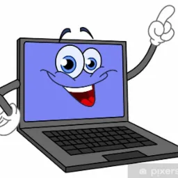 Kreskówkowy laptop z uśmiechniętą twarzą na ekranie i ręką wskazującą do góry.