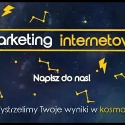 Grafika z napisem 'Marketing internetowy' w ramce, rakietami i konstelacjami na ciemnoniebieskim tle z gwiazdami, hasłem 'Wystrzelimy Twoje wyniki w kosmos!'