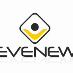 Czarno-żółte logo 'EVENew' z kwadratem i stylizowaną postacią na białym tle z odbiciem.