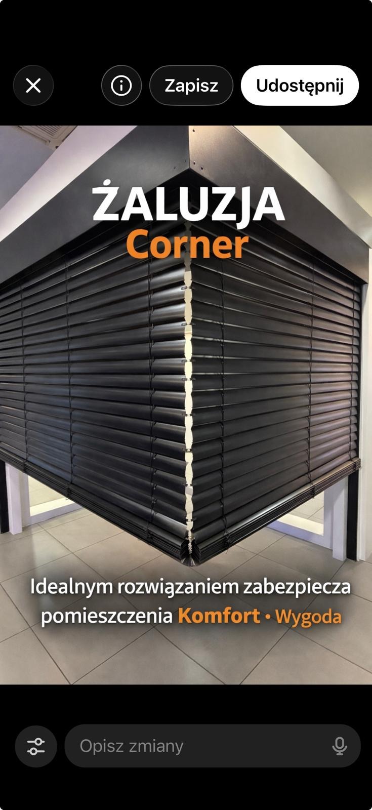 Ciemne żaluzje poziome 'Corner' zamontowane w rogu okna, zapewniające komfort i wygodę w pomieszczeniu. Widoczne detale konstrukcyjne i precyzyjne dopasowanie.