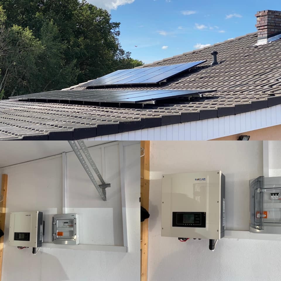Panele fotowoltaiczne na dachu domu z brązową dachówką, widoczne falowniki i skrzynka elektryczna SOFAR na białej ścianie wewnątrz budynku.