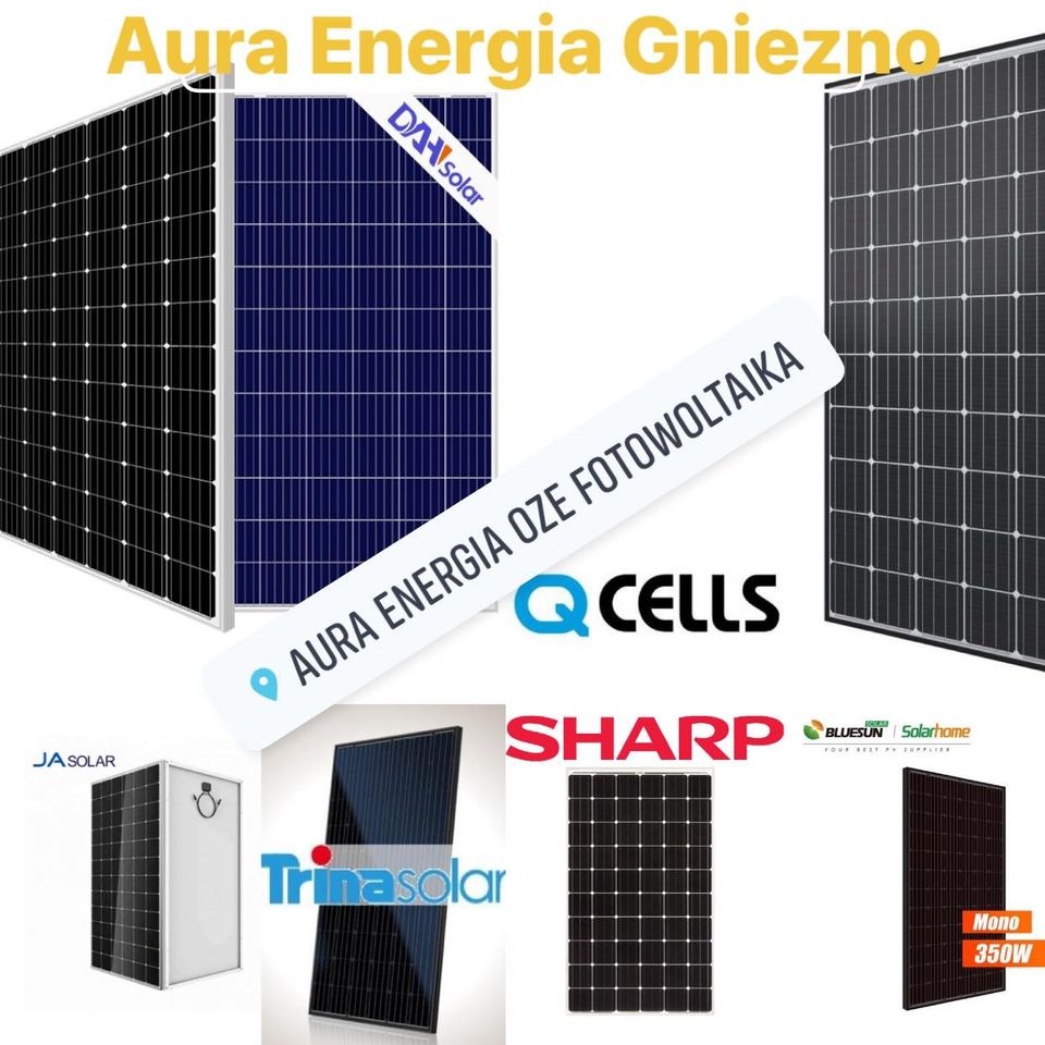 Kompozycja graficzna prezentująca panele słoneczne różnych marek (Dah Solar, JA Solar, Trina Solar, Sharp, Bluesun Solarhome, QCells) z logo Aura Energia OZE Fotowoltaika w tle.