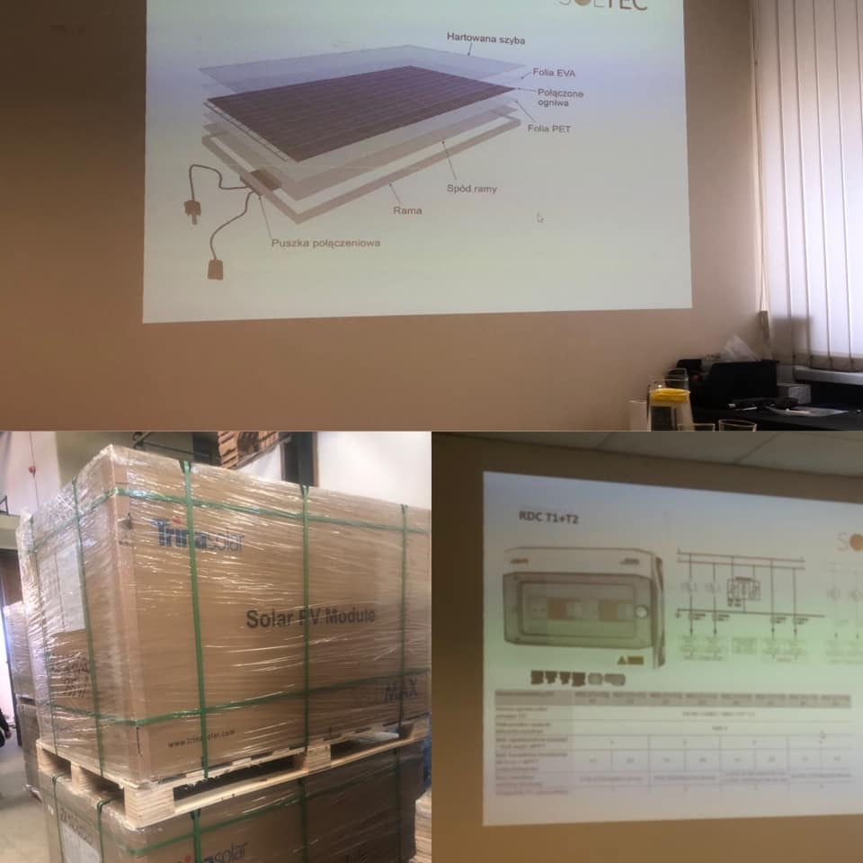 Prezentacja schematu budowy panelu słonecznego, skrzynki RDC T1+T2 oraz palety z zapakowanymi modułami fotowoltaicznymi Trina Solar