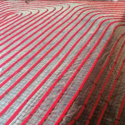 Czerwone rury ogrzewania podłogowego ułożone na srebrnej folii z siatką, widoczne kolektory i fragment ściany w tle.