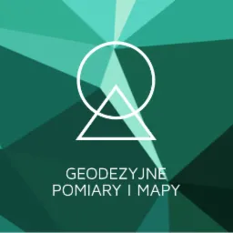Grafika wektorowa z abstrakcyjnym tłem w odcieniach zieleni, na której umieszczono białe symbole: okrąg nad trójkątem oraz napis 'Geodezyjne pomiary i mapy'.