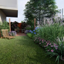 Wizualizacja 3D. Nieduży ogród przydomowy z kwiatami i trawami ozdobnymi.