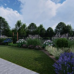 Wizualizacja 3D. Nieduży ogród przydomowy z kwiatami i trawami ozdobnymi.