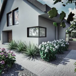 Wizualizacja 3D nowoczesnego ogrodu przydomowego z białym domem, ścieżką z kamiennych płyt i obfitymi rabatami hortensji w odcieniach różu i bieli.