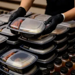 Ręce w czarnych rękawiczkach układają pojemniki z gotowymi posiłkami obok butelek z napojami.