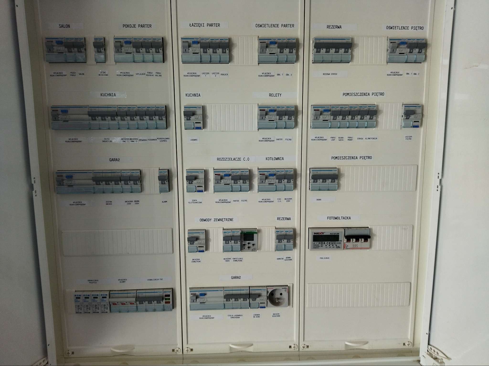 Rozdzielnica elektryczna z wyłącznikami różnicowoprądowymi i bezpiecznikami, opisana dla różnych pomieszczeń i obwodów w domu, takich jak salon, pokoje parter, łazienki, oświetlenie parteru...