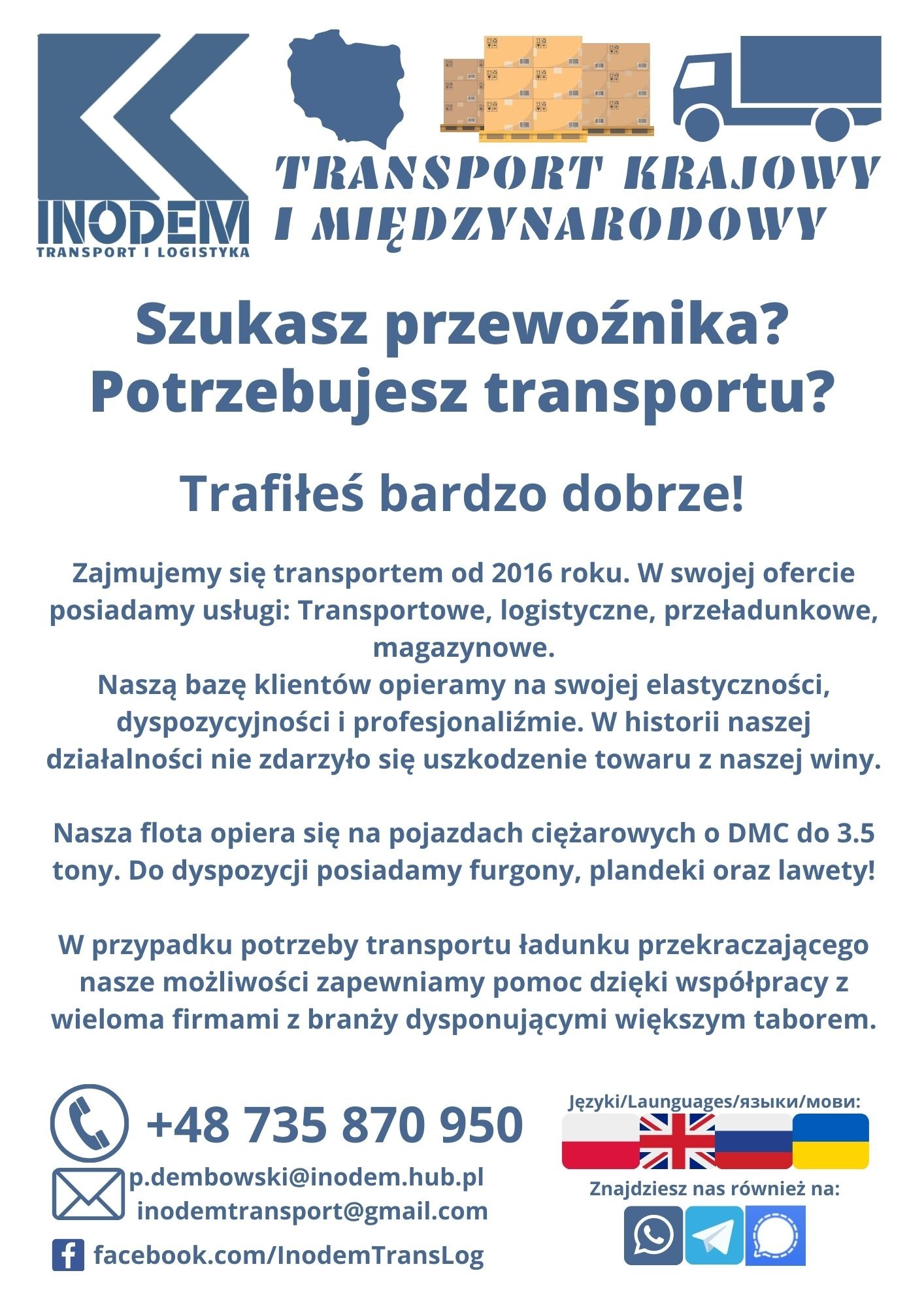 Grafika reklamowa firmy Inodem Transport i Logistyka, oferującej transport krajowy i międzynarodowy, zarys mapy Polski, kartony na paletach i sylwetka ciężarówki w tle.