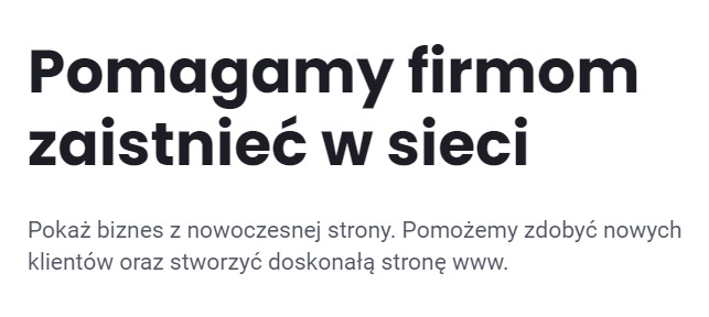 Tekst na białym tle: Pomagamy firmom zaistnieć w sieci. Pokaż biznes z nowoczesnej strony. Pomożemy zdobyć nowych klientów oraz stworzyć doskonałą stronę www.