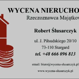 Wizyt&oacute;wka Rzeczoznawcy Majątkowego Roberta Ślusarczyka ze Stargardu, z symbolem domu i stosu monet.