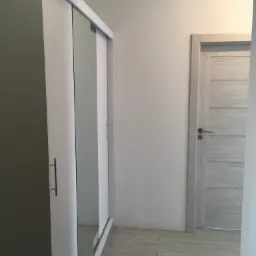 Jasne wnętrze z przesuwną szafą z lustrem, drewnopodobną podłogą i drzwiami w odcieniach szarości.