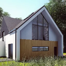 Wizualizacja nowoczesnego domu jednorodzinnego z wysokim oknem szczytowym, wykończonego drewnianą okładziną i białym tynkiem, otoczonego zielenią trawnika i drzew