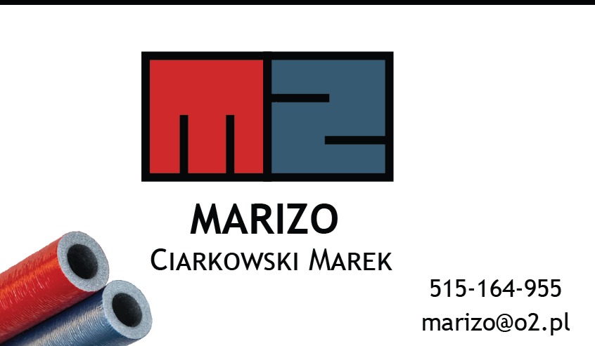 Logo firmy Marizo Ciarkowski Marek z elementami graficznymi w kolorze czerwonym i granatowym, obok rury izolacyjne w kolorze czerwonym i niebieskim, kontakt telefoniczny i adres e-mail.