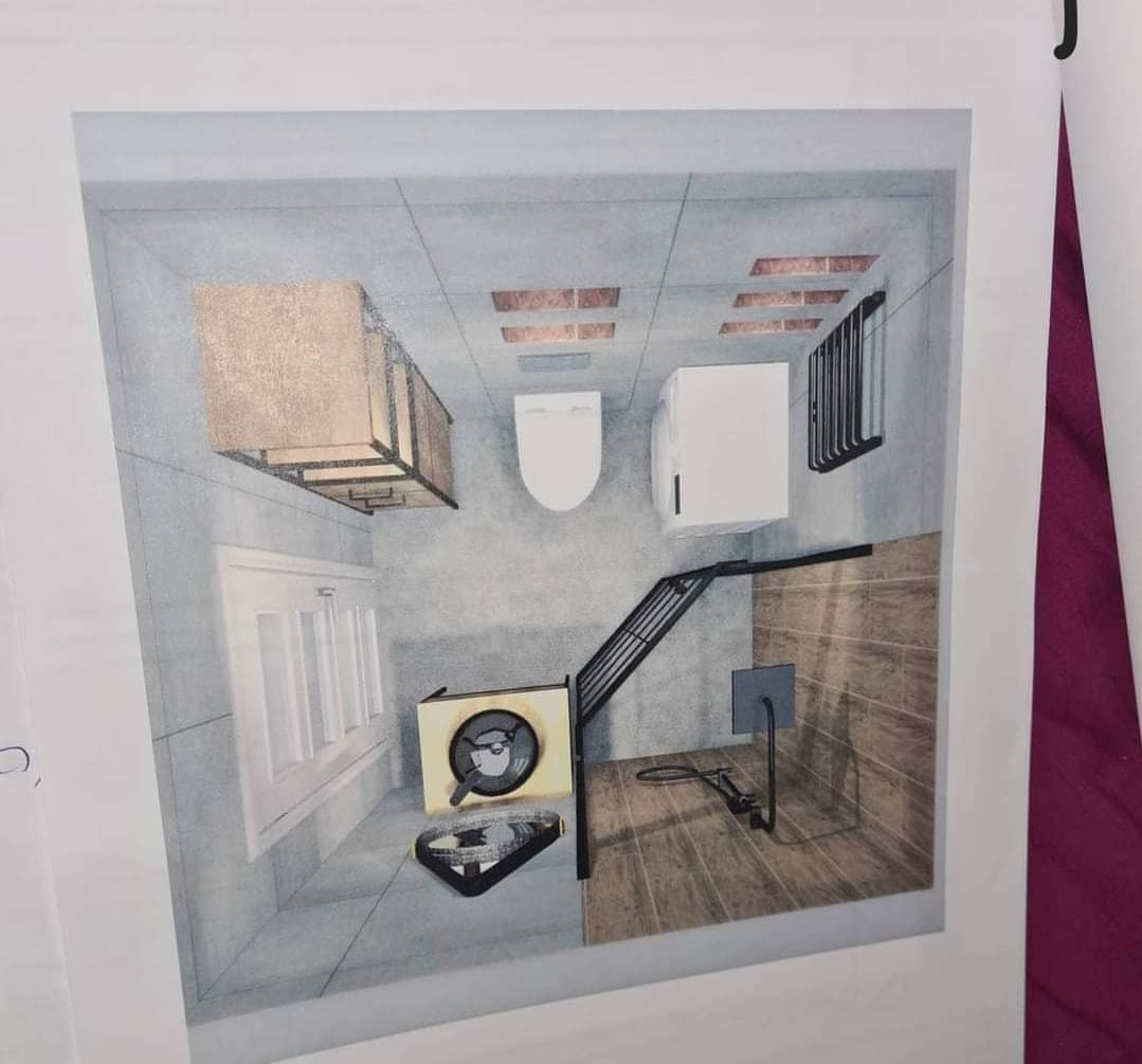 Szkic łazienki z widocznym oświetleniem sufitowym, toaletą, umywalką, grzejnikiem, oknem i drabinką, przedstawiony w perspektywie z góry.