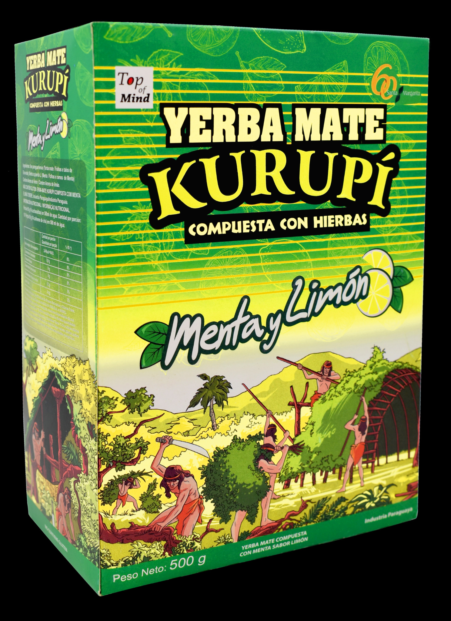 Opakowanie Yerba Mate Kurupi z rysunkami zbieraczy ziół, z wyraźnym napisem 'Yerba Mate Kurupi Compuesta con Hierbas Mentay Limon'.