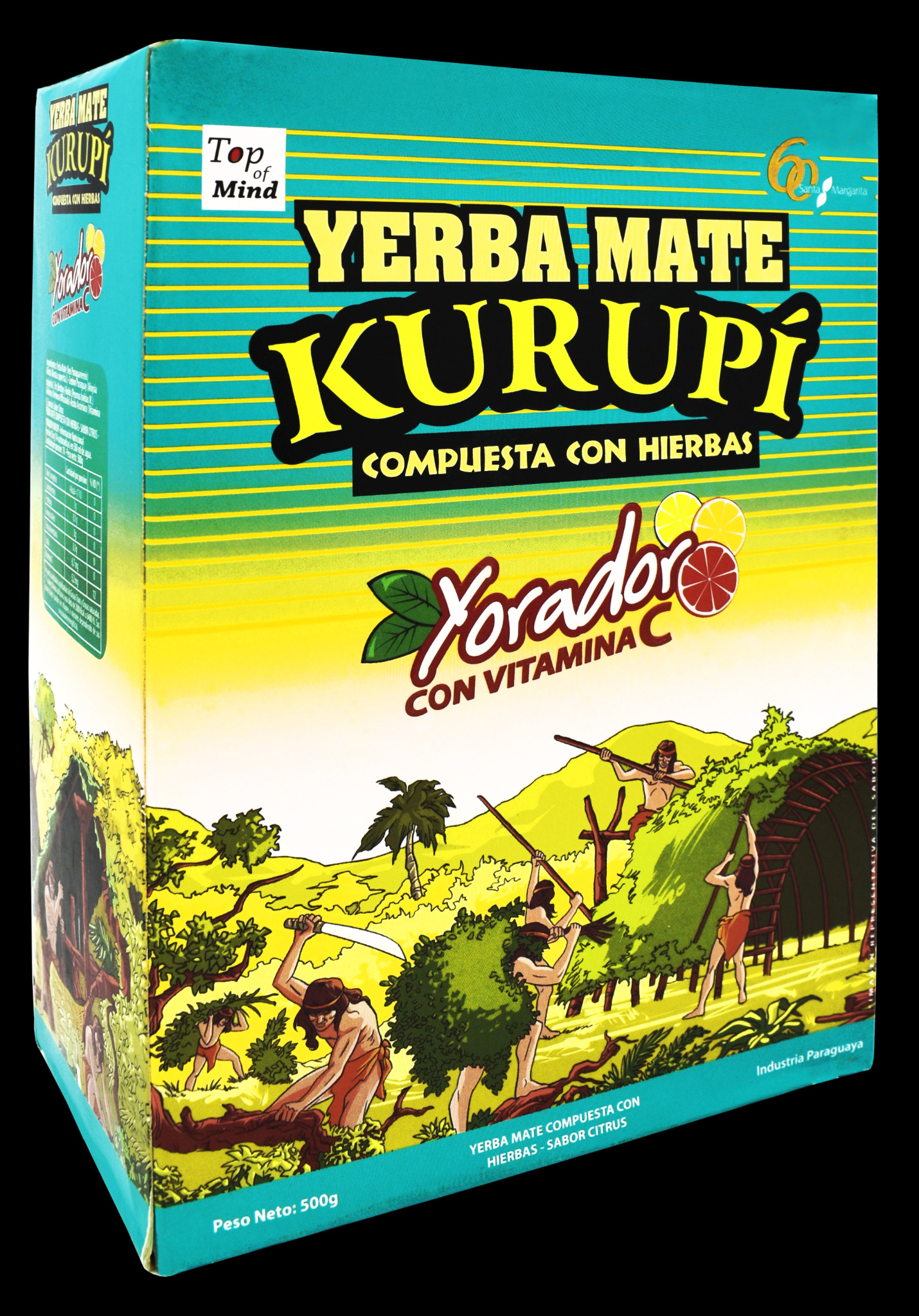 Pudełko Yerba Mate Kurupi z ilustracją rdzennych mieszkańców przy pracy, z napisem Yorador z witaminą C.