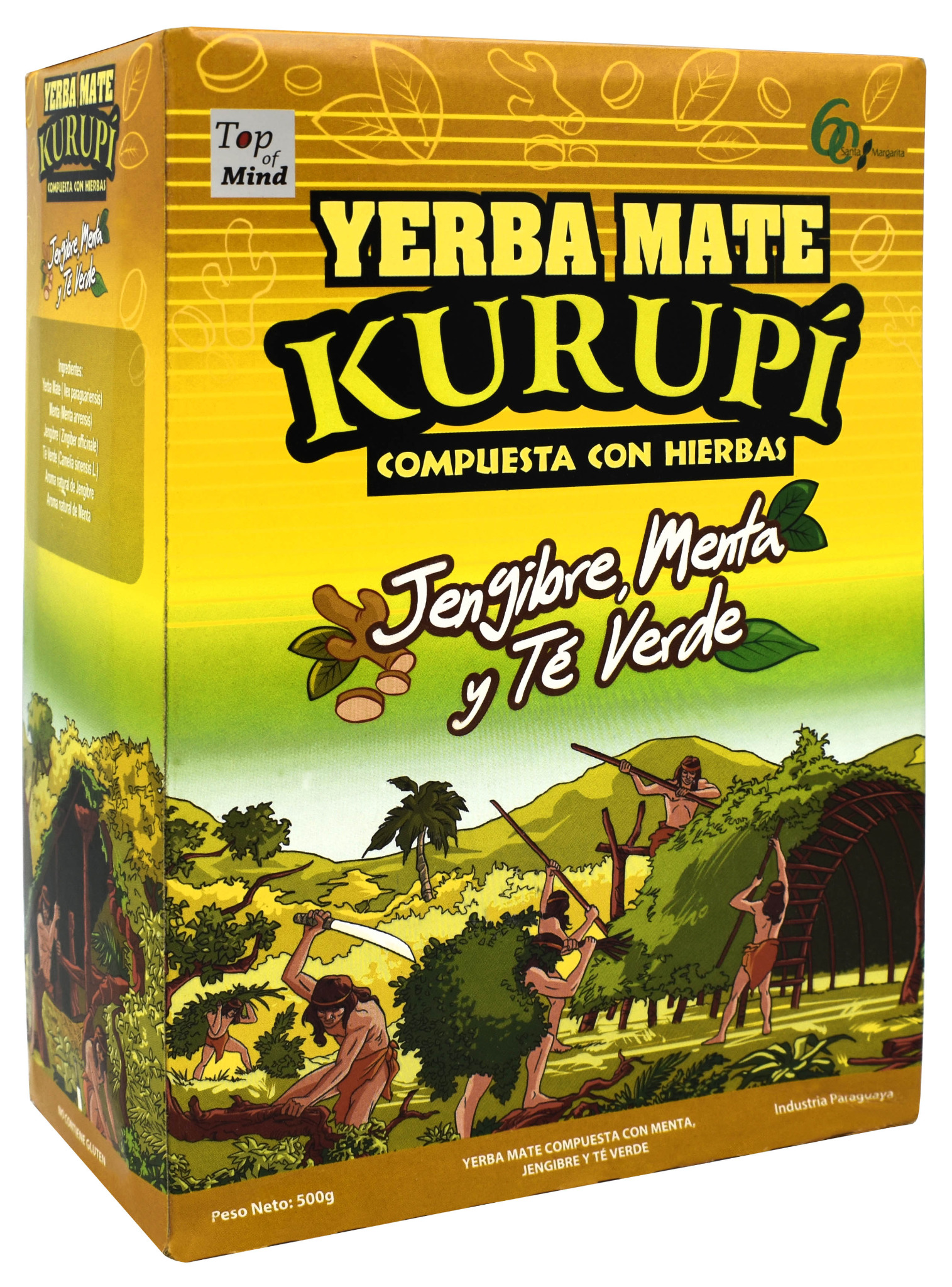 Opakowanie yerba mate Kurupi Completa con Hierbas z ilustracją zbieraczy ziół i składników w tropikalnym krajobrazie.