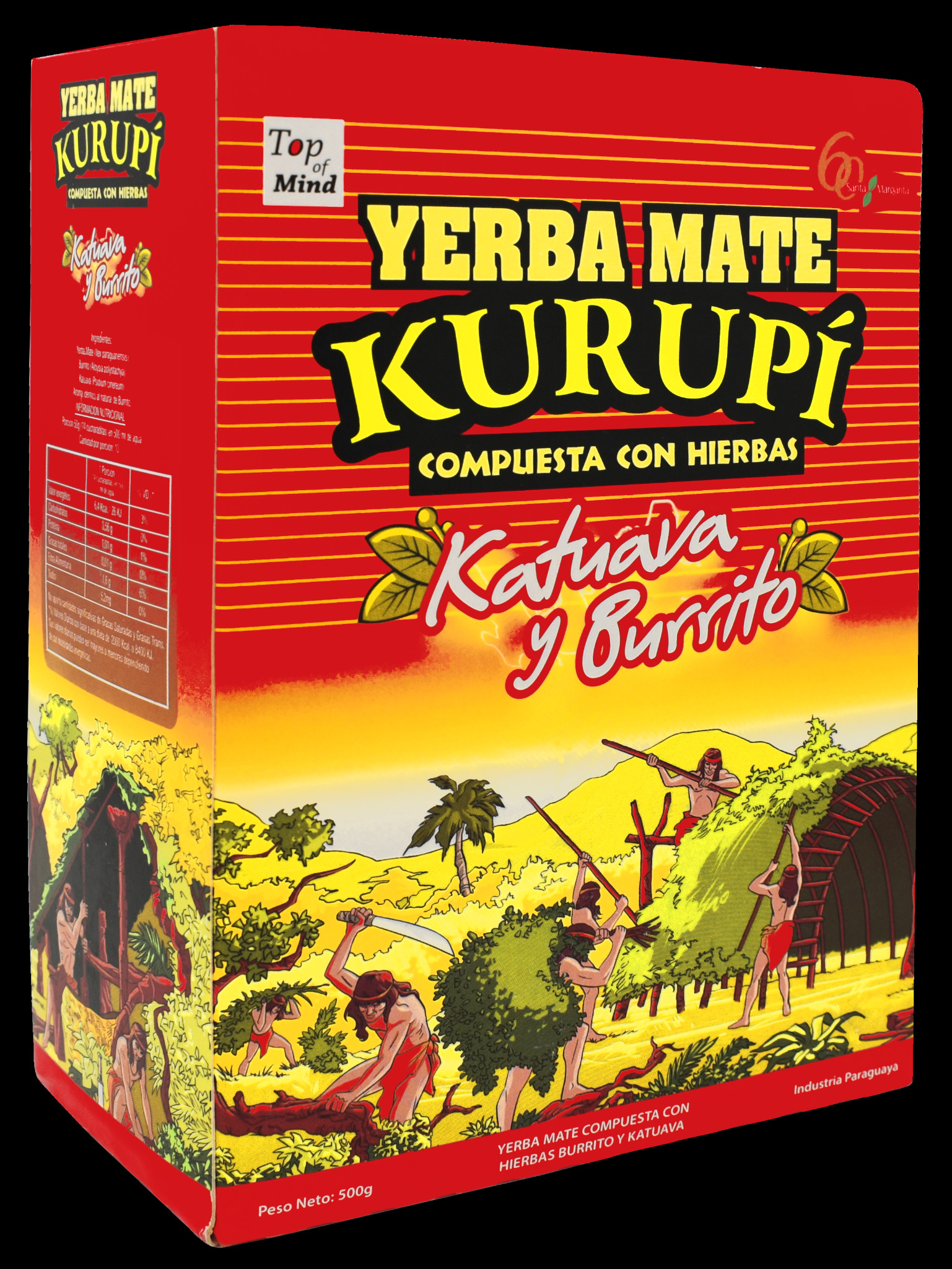 Opakowanie Yerba Mate Kurupi z napisem 'Compuesta con Hierbas Katuava y Burrito', ilustracje przedstawiają rdzennych mieszkańców podczas zbioru ziół.