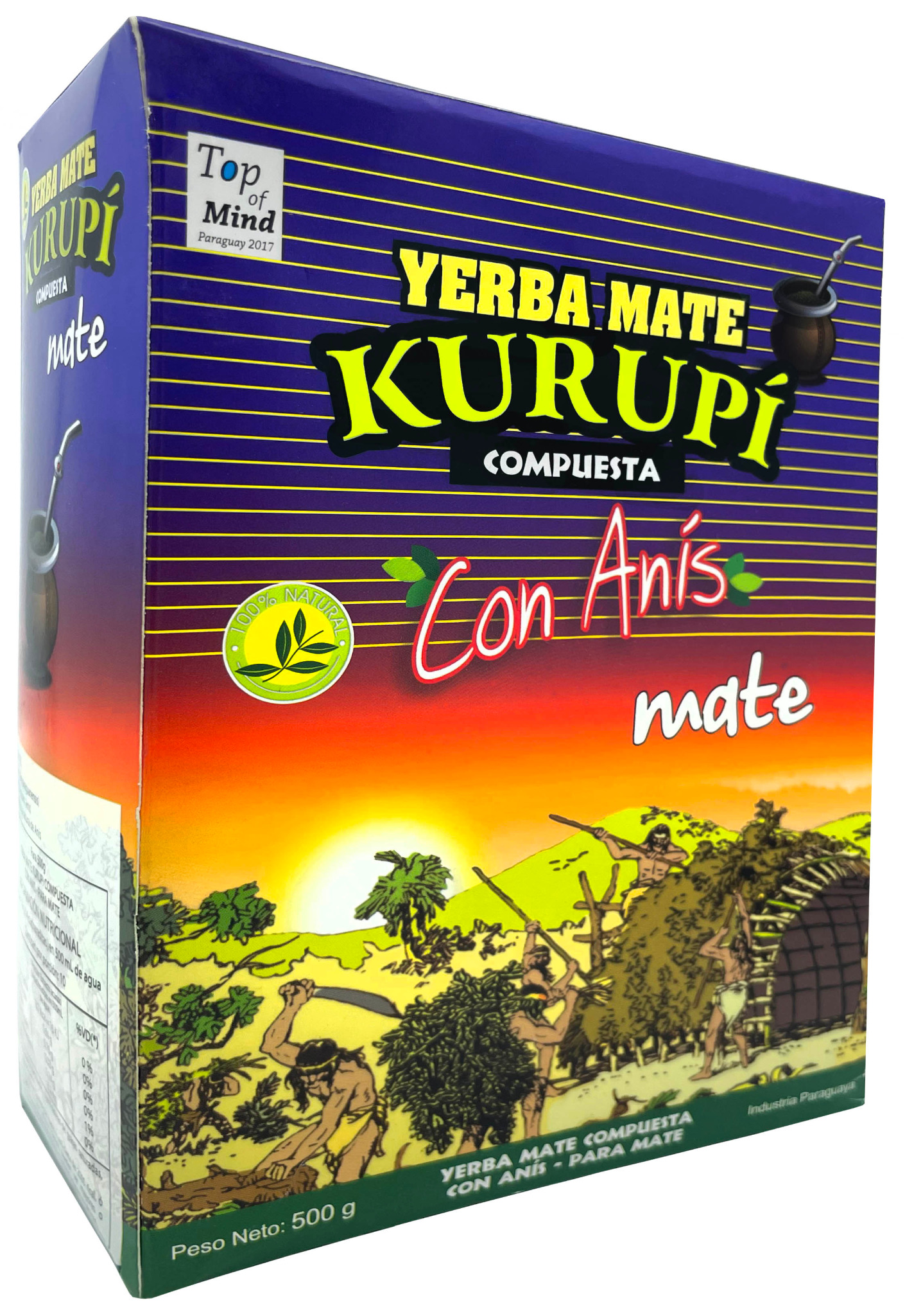 Opakowanie Yerba Mate Kurupi z Anisem, przedstawiające ilustrację rdzennych mieszkańców w tropikalnym krajobrazie.