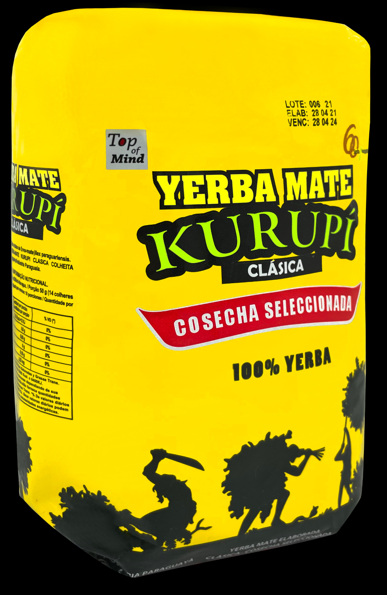 Żółte opakowanie Yerba Mate Kurupi Clásica z czarnymi sylwetkami postaci i tekstem, ukazujące informacje o produkcie i jego pochodzeniu z Paragwaju.