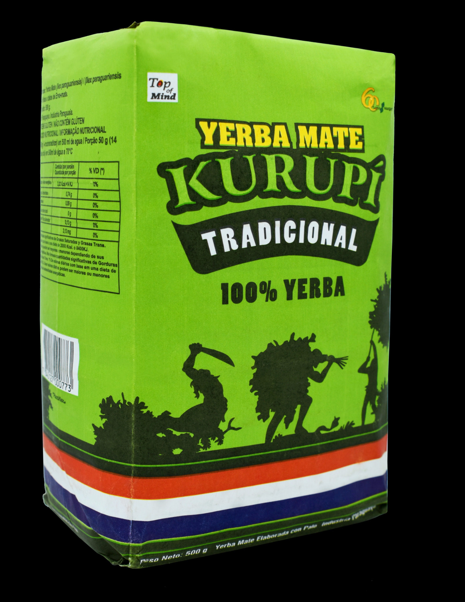 Opakowanie yerba mate Kurupi Tradicional z grafikami sylwetek postaci, informacjami o wartościach odżywczych i logo Top of Mind, umieszczone na czarnym tle.