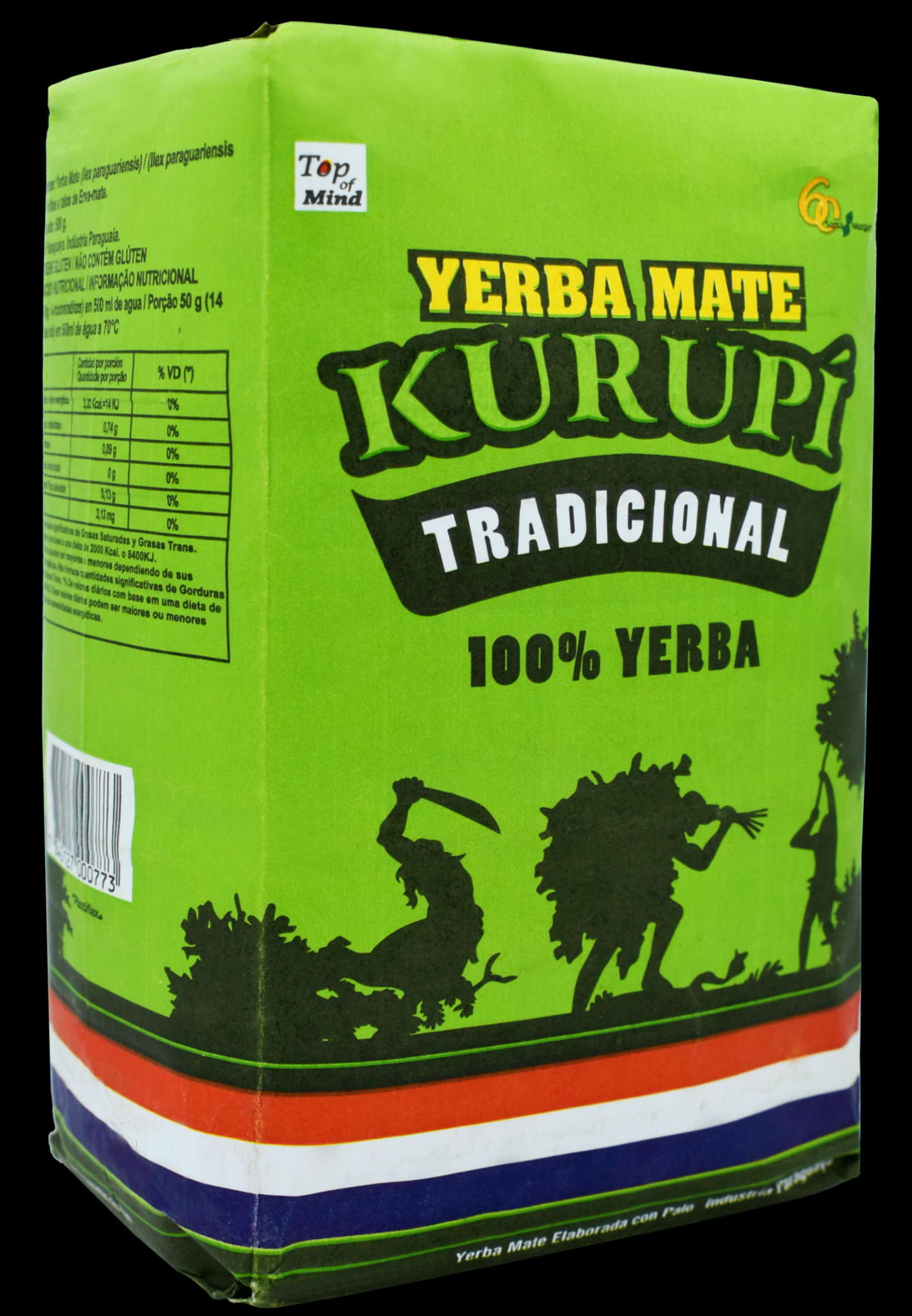 Opakowanie yerba mate Kurupi Tradicional w odcieniach zieleni z żółtymi napisami, prezentujące informacje o produkcie i sylwetki postaci w czerni.