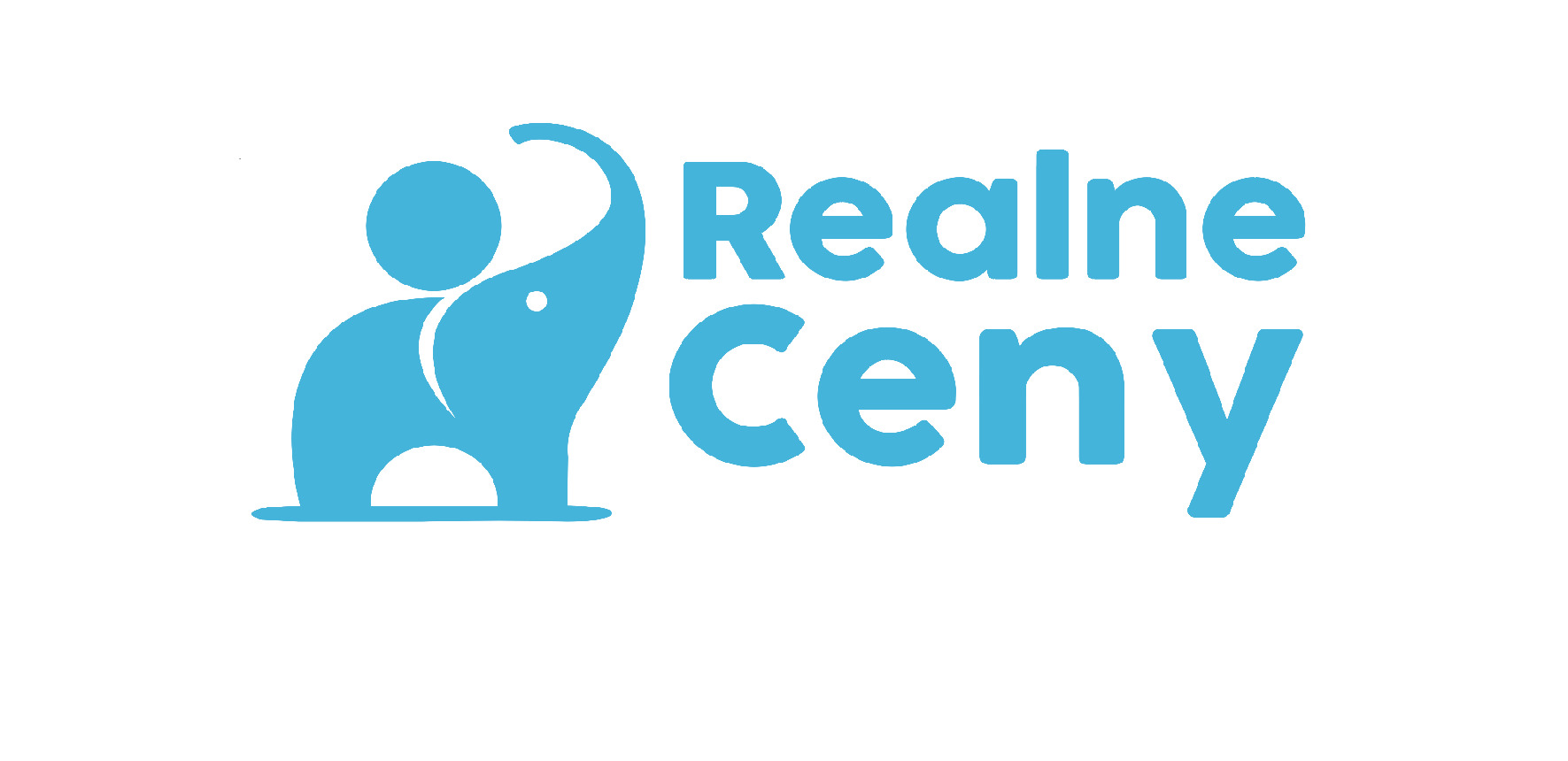 Błękitne logo przedstawia stylizowaną sylwetkę słonia z uniesioną trąbą obok napisu 'Realne Ceny' również w kolorze błękitnym, na białym tle.