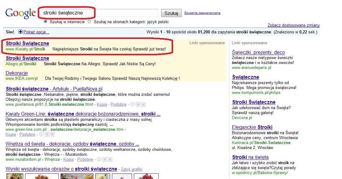 Wyniki wyszukiwania Google dla zapytania 'stroiki świąteczne', prezentujące listę linków do stron oferujących stroiki i dekoracje świąteczne.