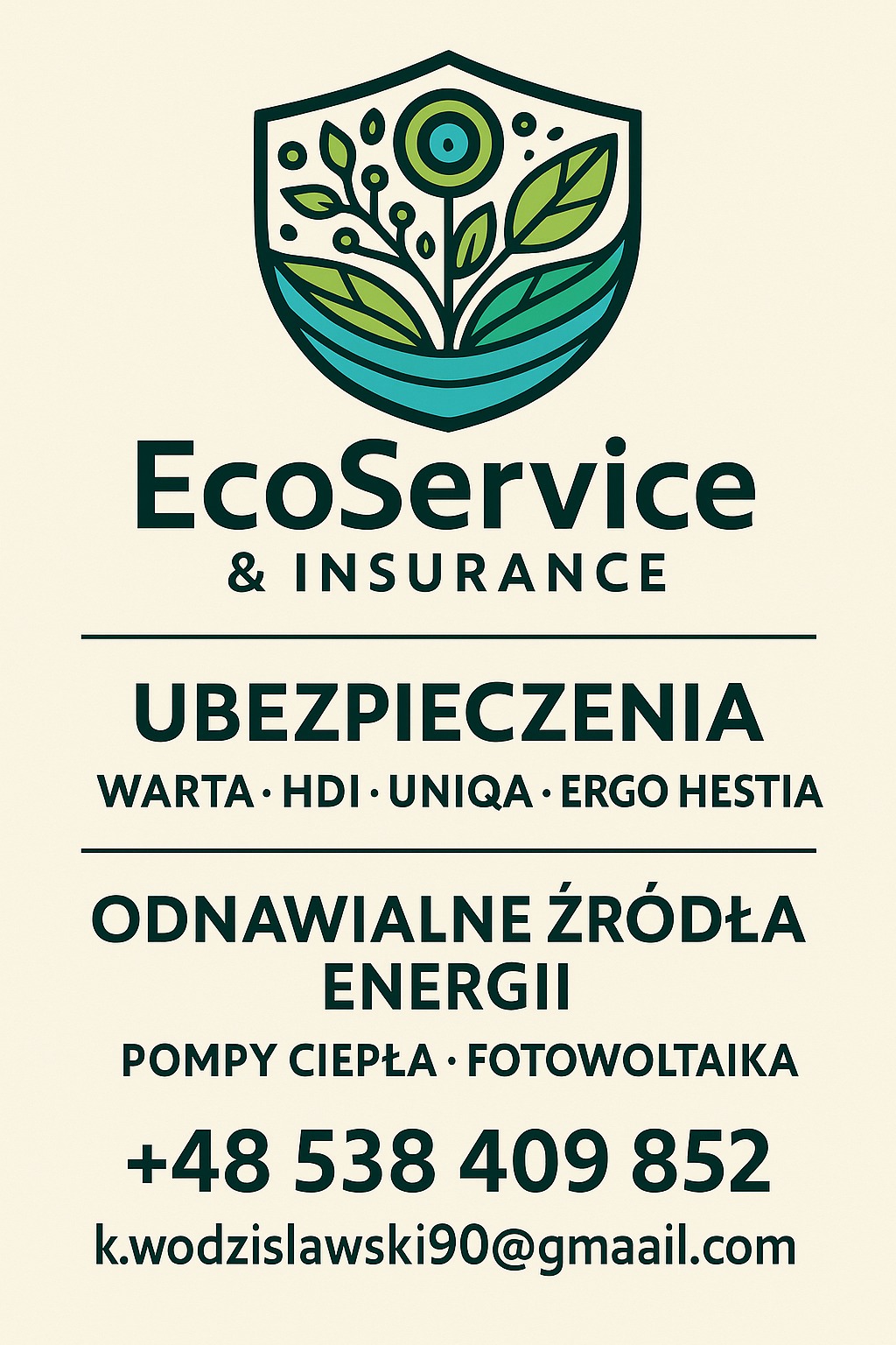 Grafika EcoService & Insurance: logo z motywem roślinnym, informacja o ubezpieczeniach Warta, HDI, Uniqa, Ergo Hestia, odnawialnych źródłach energii i fotowoltaice.