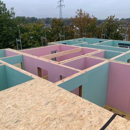 Inster Group Sp. z o.o. - Wznoszenie ścian domu z prefabrykatów: widok na konstrukcję z płyty OSB, ściany w kolorach pastelowych, montaż na tle zieleni i słupa wysokiego napięcia.