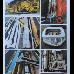 Kompozycja zdjęć przedstawiająca elementy maszyn po piaskowaniu i malowaniu, w tym żółta maszyna górnicza, czerwony siłownik hydrauliczny i szare metalowe konstrukcje, z widocznym napisem...