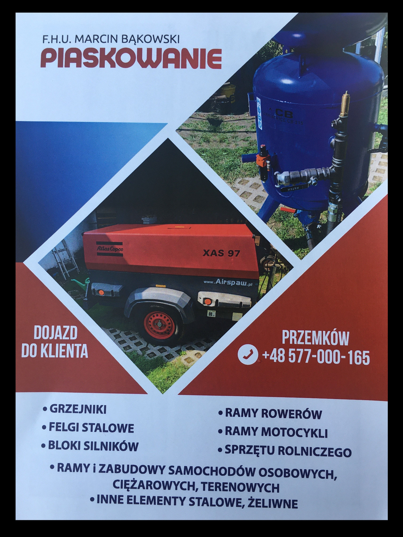 Ulotka reklamowa firmy oferującej usługi obróbki strumieniowo-ściernej, prezentująca kompresor Atlas Copco XAS 97 i zbiornik do piaskowania.