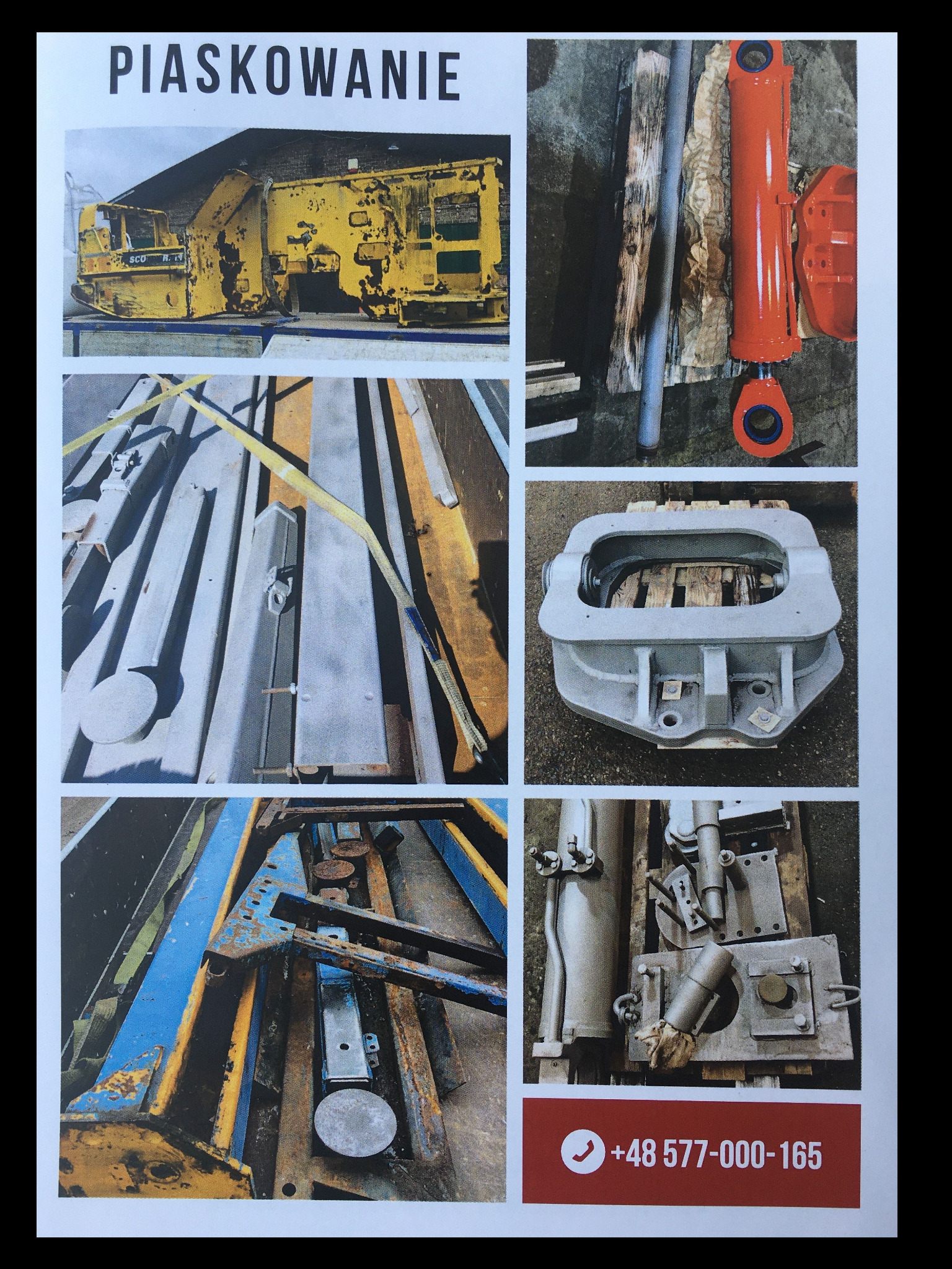 Kompozycja zdjęć przedstawiająca elementy maszyn po piaskowaniu i malowaniu, w tym żółta maszyna górnicza, czerwony siłownik hydrauliczny i szare metalowe konstrukcje, z widocznym napisem...
