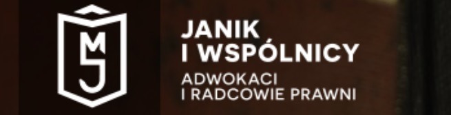 Logo kancelarii Janik i Wspólnicy, adwokaci i radcowie prawni, na ciemnobrązowym tle.
