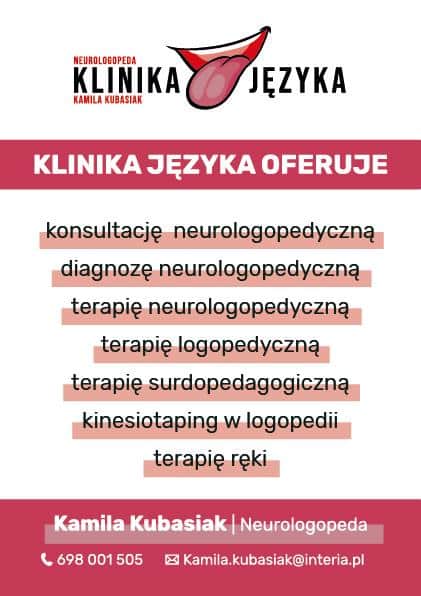 Grafika reklamowa kliniki neurologopedycznej z ilustracją języka, ofertą konsultacji, diagnozy, terapii oraz danymi kontaktowymi.